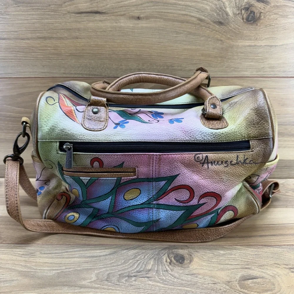 Anuschka Peacock Pattern Large Leather Satchel Hand Painted Zip Crossbody